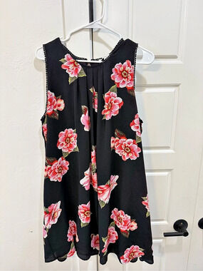Umgee Black Floral Pom Trim Tunic Dress Floral Maxi Black & Pink XL